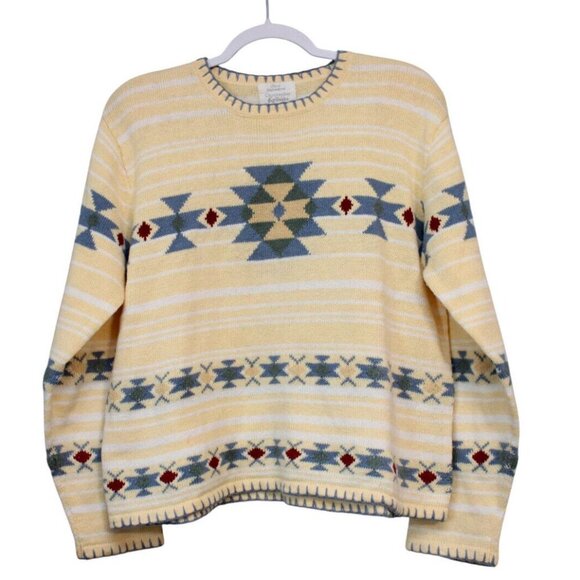 90s Hand Embroidered Aztec Sweater Size Large Ramie Cotton Pastel Southwestern - Picture 1 of 14